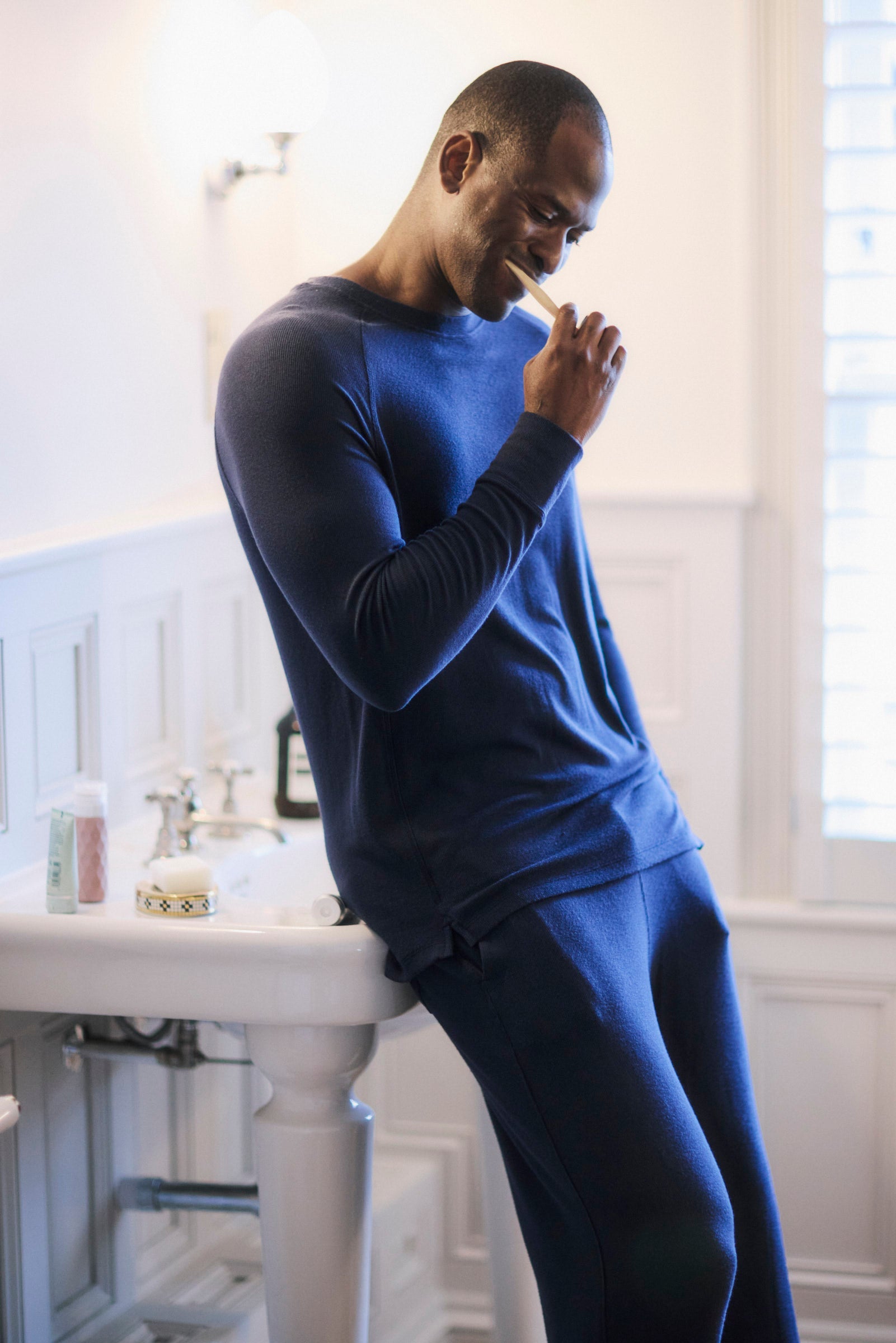 Men's Navy Blue Ribbed Long Sleeve Shirt