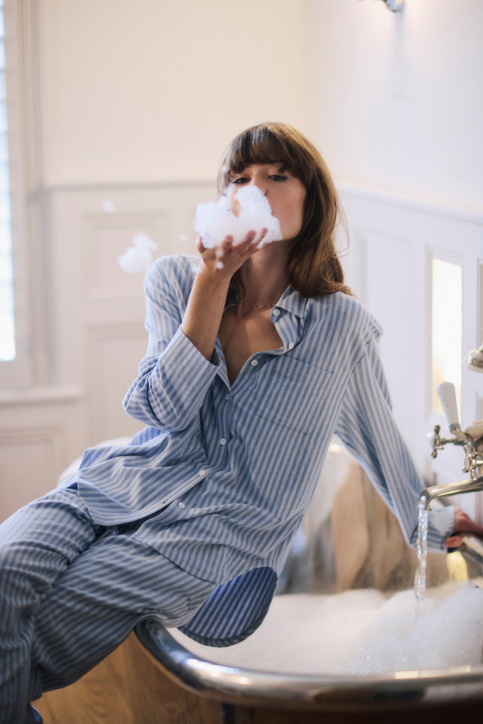 Pale Blue Striped Organic Cotton Brushed Pyjama Set
