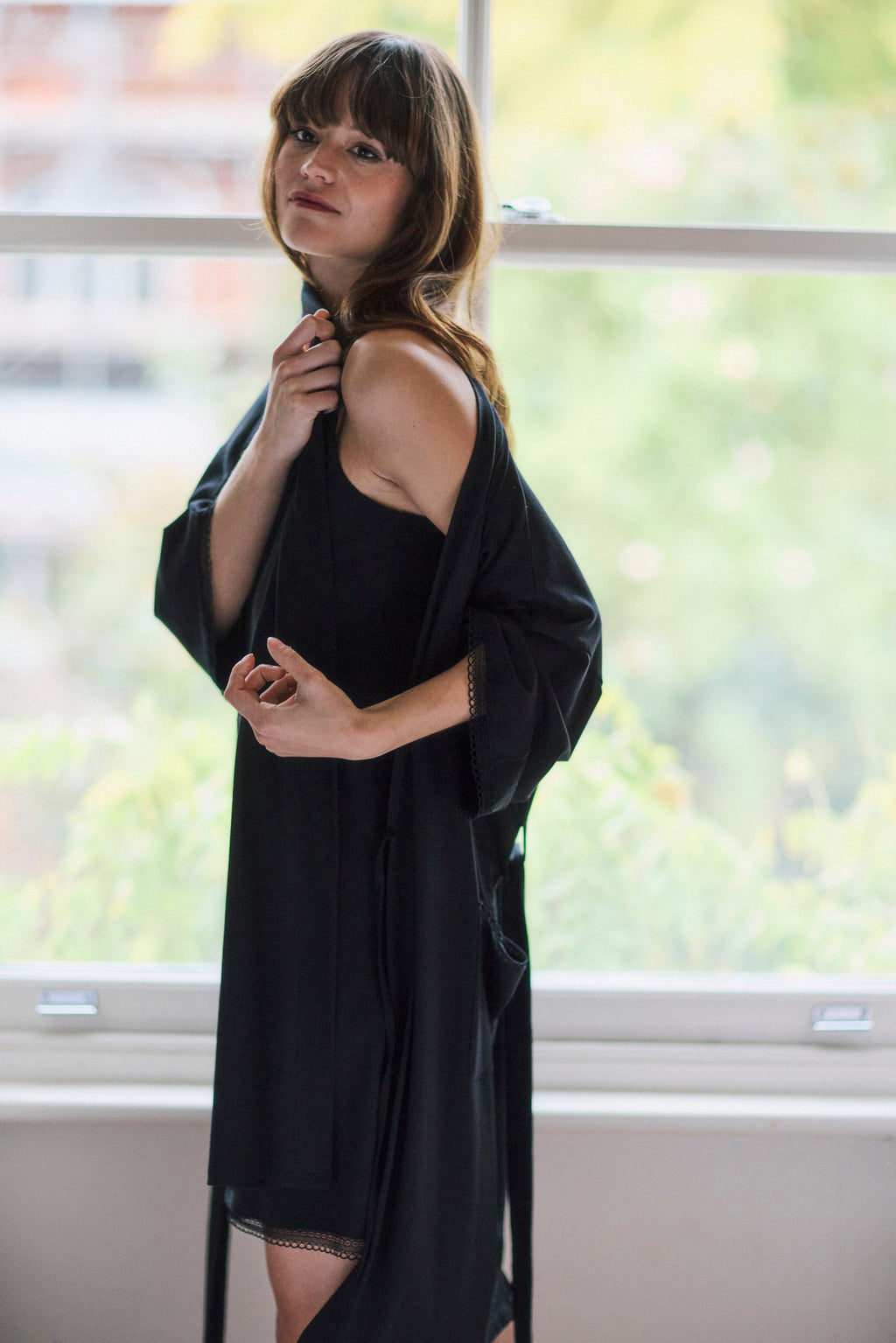 Black Modal Lace Trim Nightdress & Kimono Set