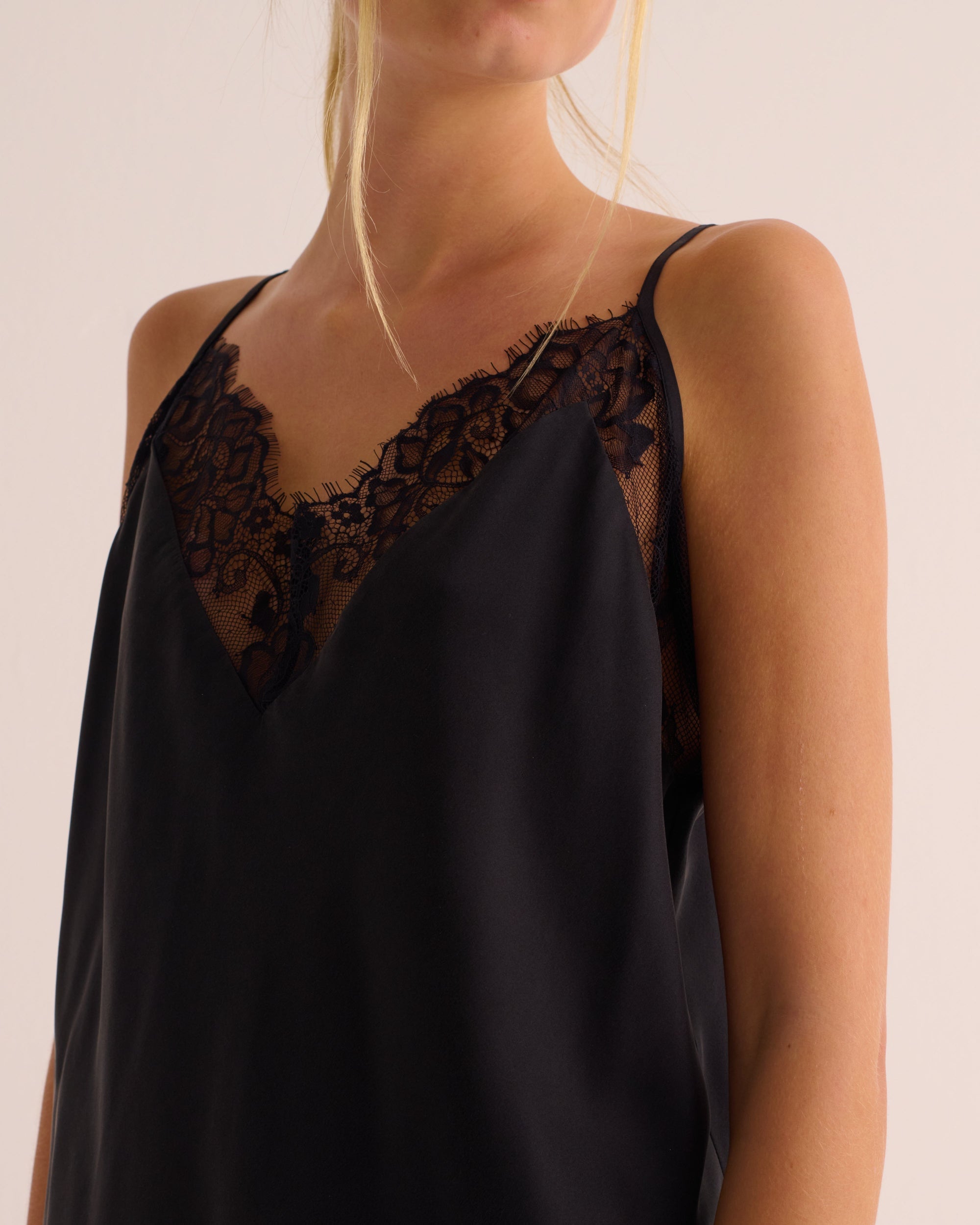 Washable Organic Stretch Silk & Lace Camisole - Black