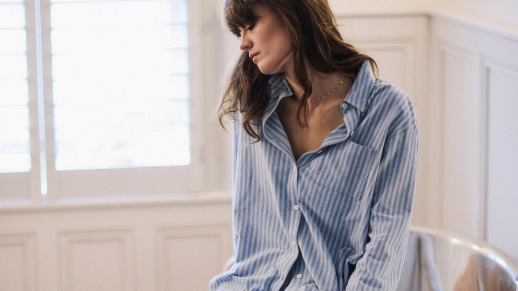 Pale Blue Striped Organic Cotton Brushed Pyjama Set