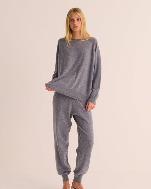 MAMU Dream Silver Grey Cashmere Cuffed Ankle Joggers   Ivory Contrast