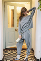 Cashmere and Silk Sweatshirt with Ivory Contrast - Silver Grey Marl