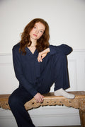 Navy Oversized Retro Ribbed Modal Shirt & Wide Leg Jogger Set