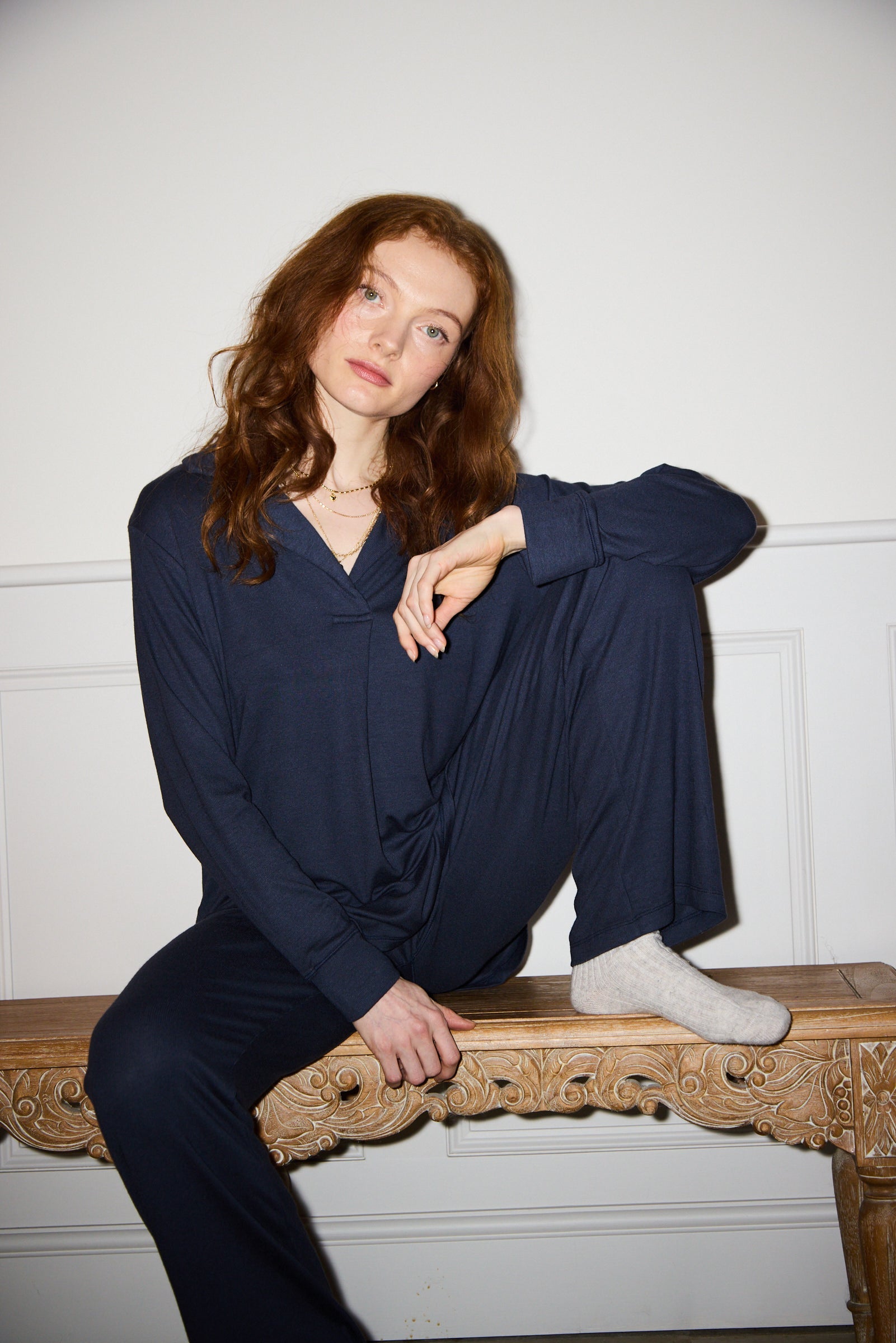 Navy Oversized Retro Ribbed Modal Shirt & Wide Leg Jogger Set