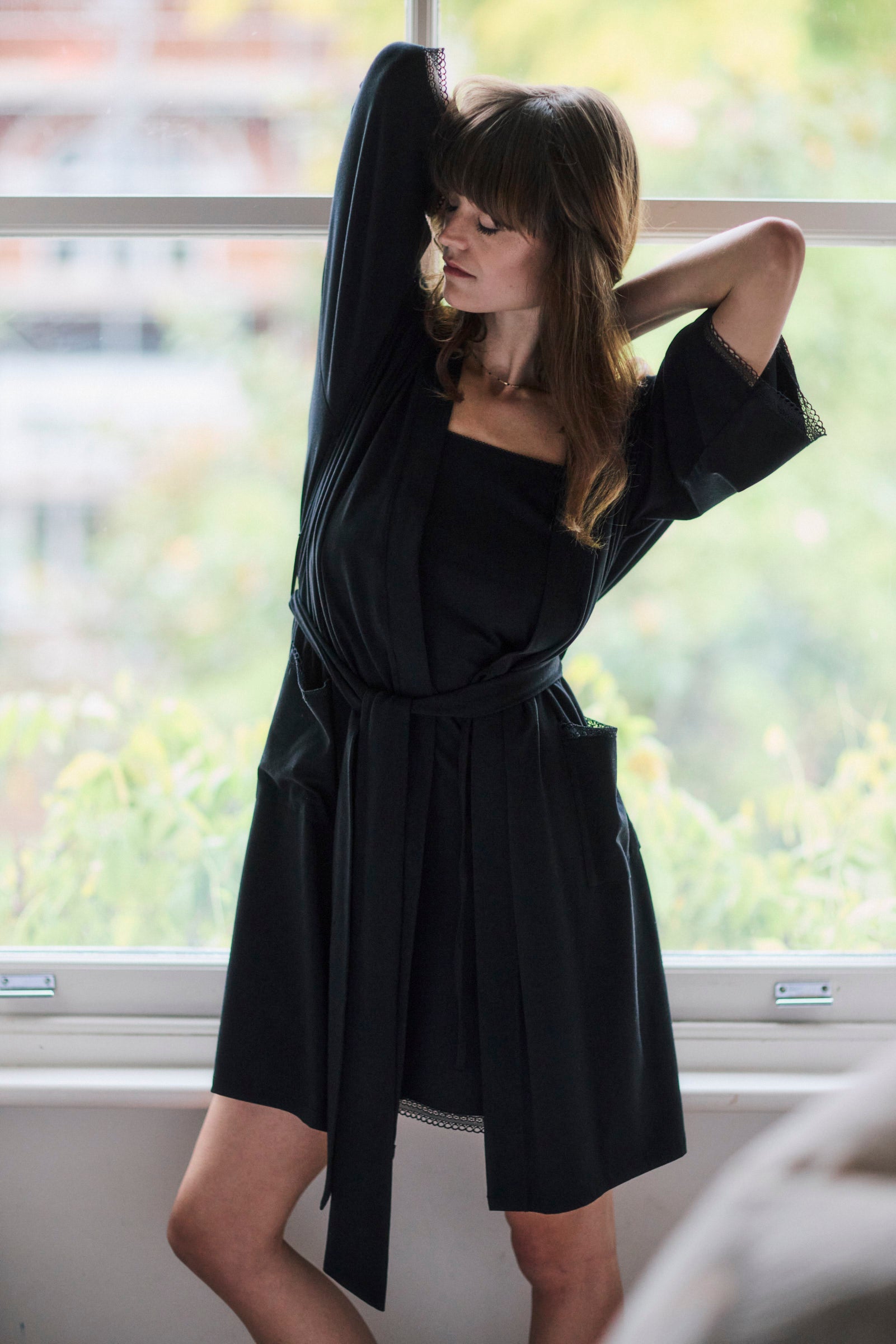 Black Modal Lace Trim Nightdress & Kimono Set