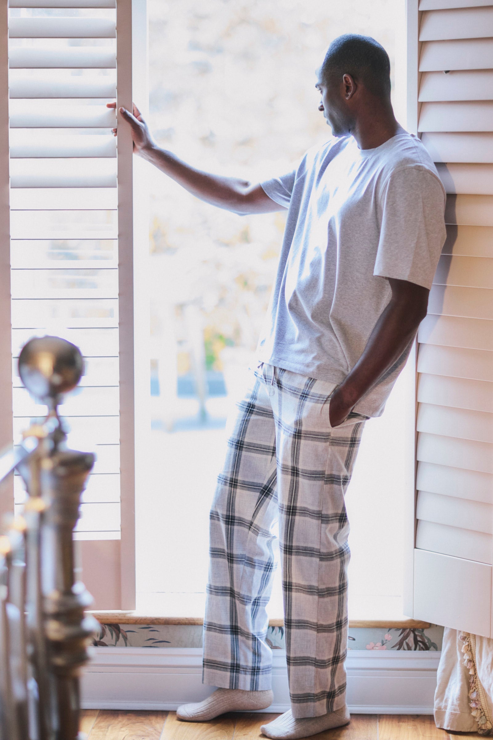 Men's Grey Marl Cotton Modal Top and Grey Check Pyjama Set