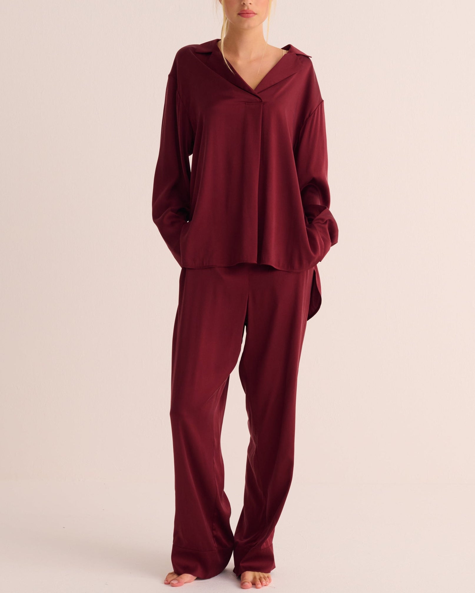 Washable Organic Stretch Silk Retro Shirt and Bottoms Set - Merlot