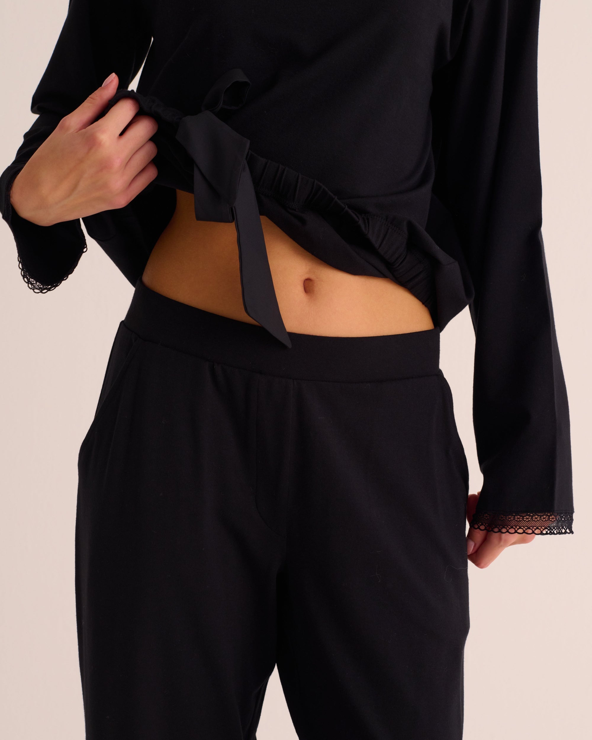 Women's Black Modal Pyjama Set with Lace Trim