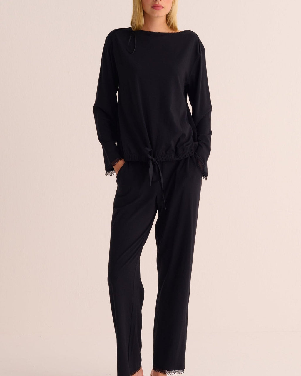 Women's Black Modal Pyjama Set with Lace Trim