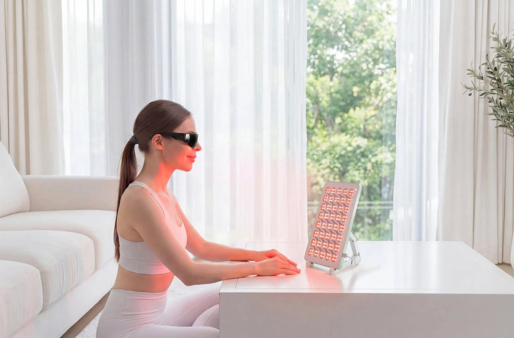 woman using nanoleaft red light therapy panel