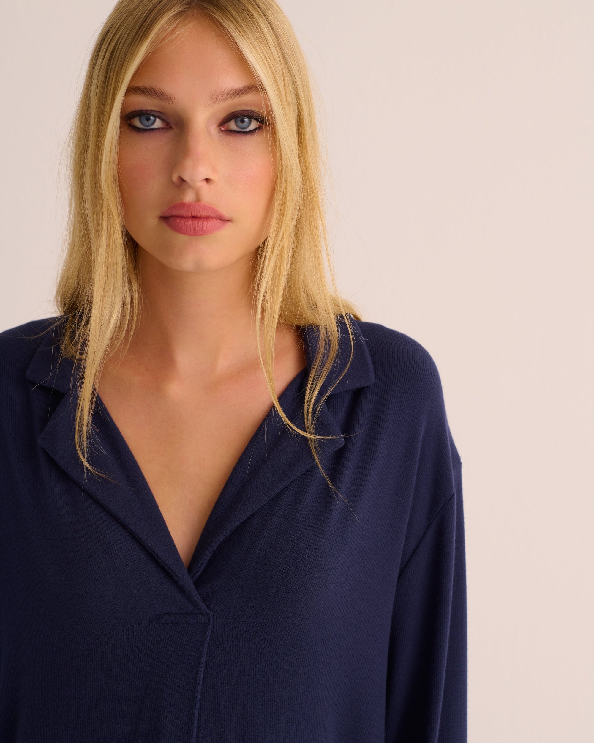 Navy Oversized Retro Ribbed Modal Shirt & Wide Leg Jogger Set