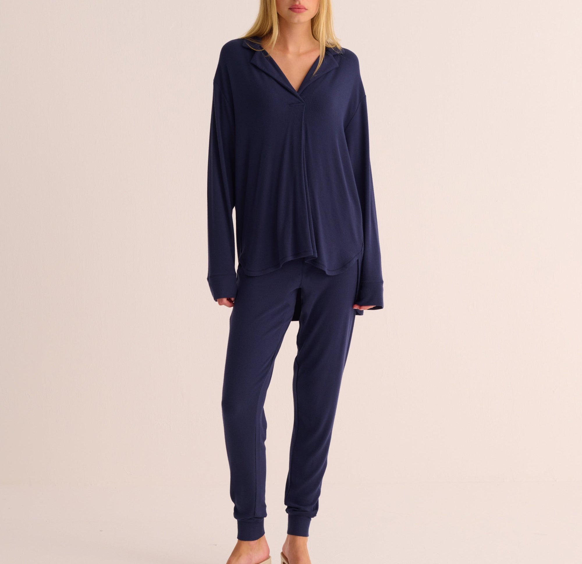 Navy Ribbed Modal Shirt and Cuffed Leggings Set