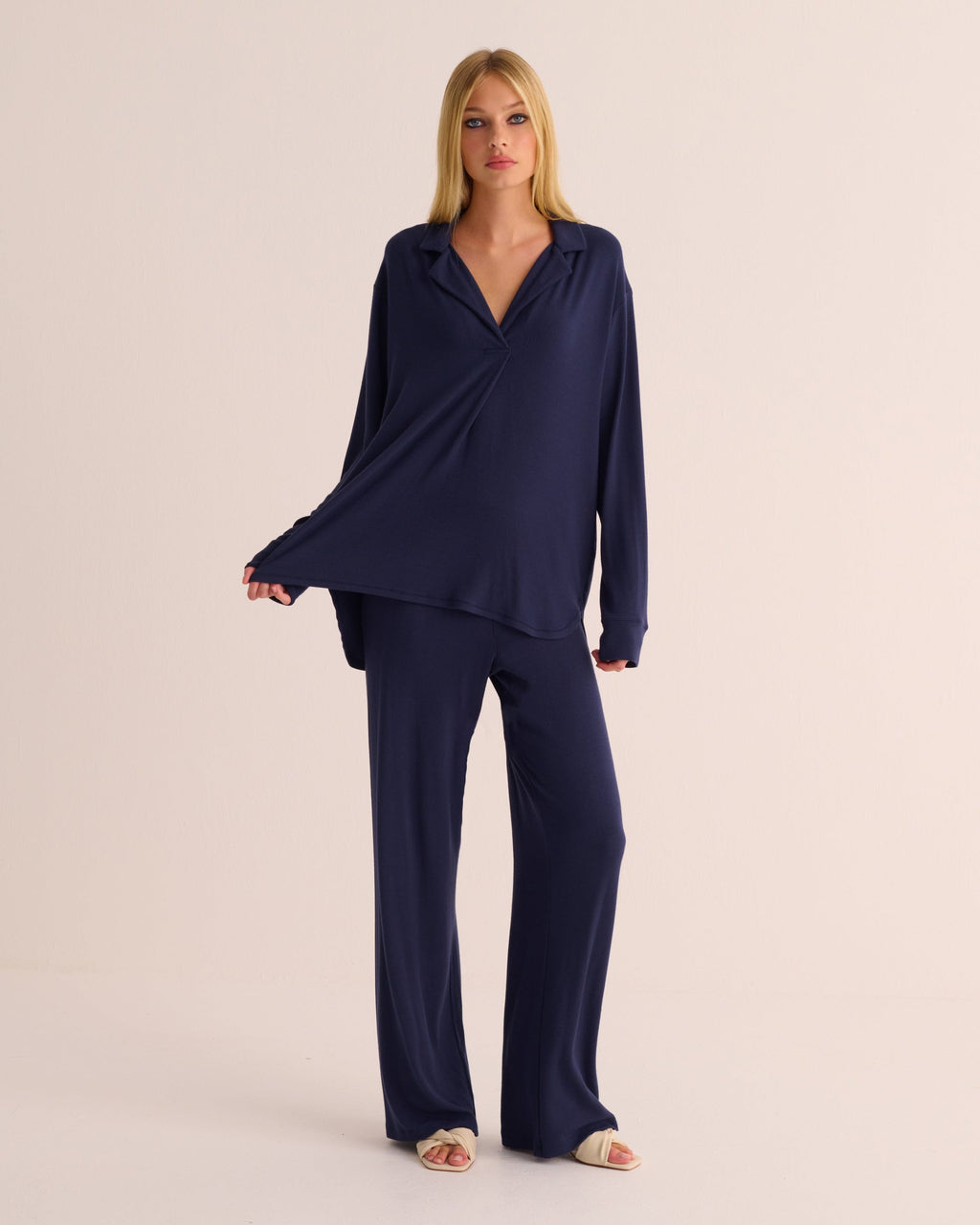 Navy Oversized Retro Ribbed Modal Shirt & Wide Leg Jogger Set