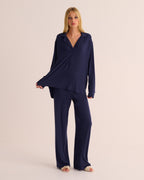 Navy Oversized Retro Ribbed Modal Shirt & Wide Leg Jogger Set
