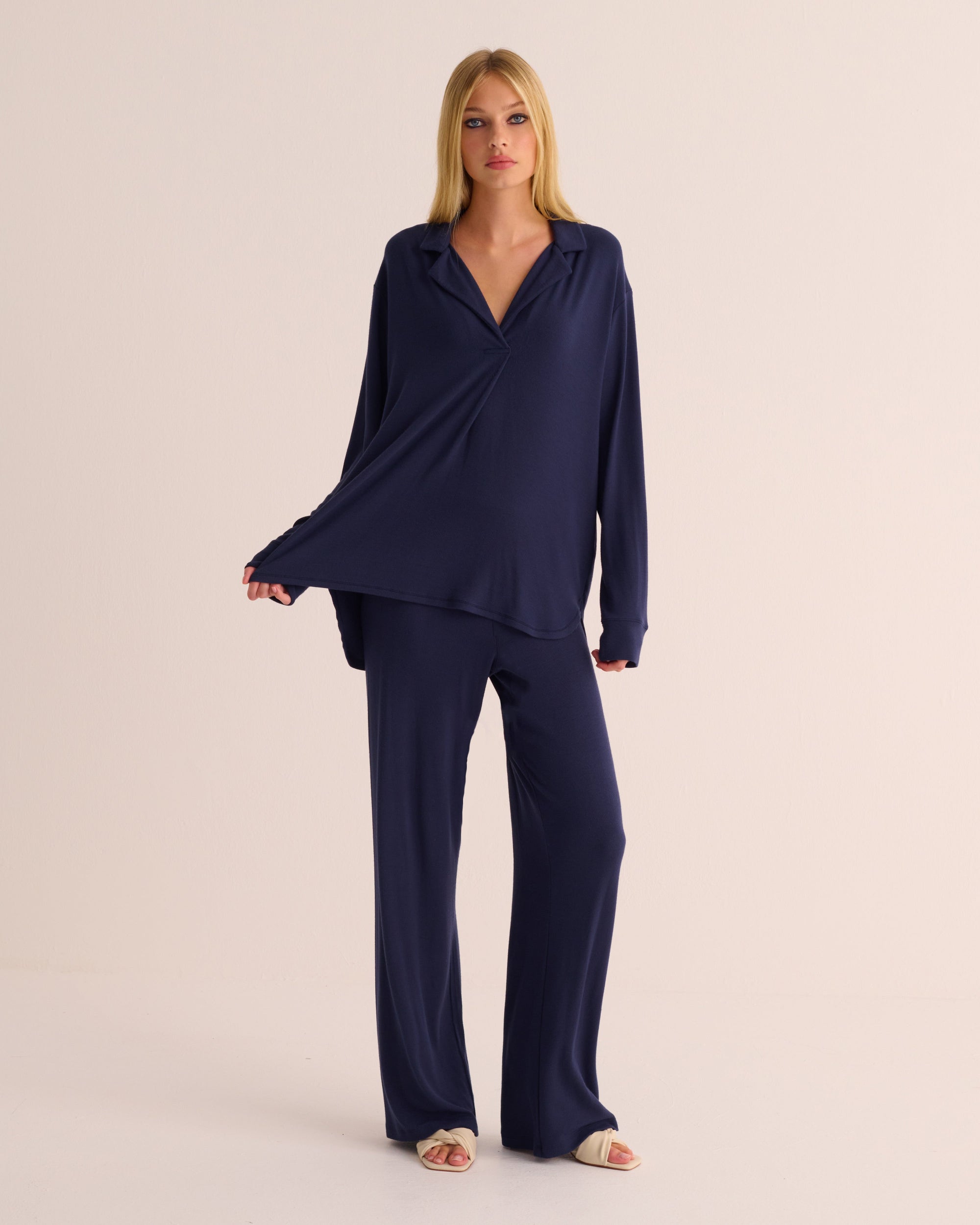 Navy Oversized Retro Ribbed Modal Shirt & Wide Leg Jogger Set