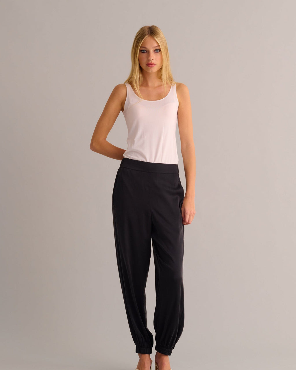Washable Organic Stretch Silk Cuffed Joggers - Black