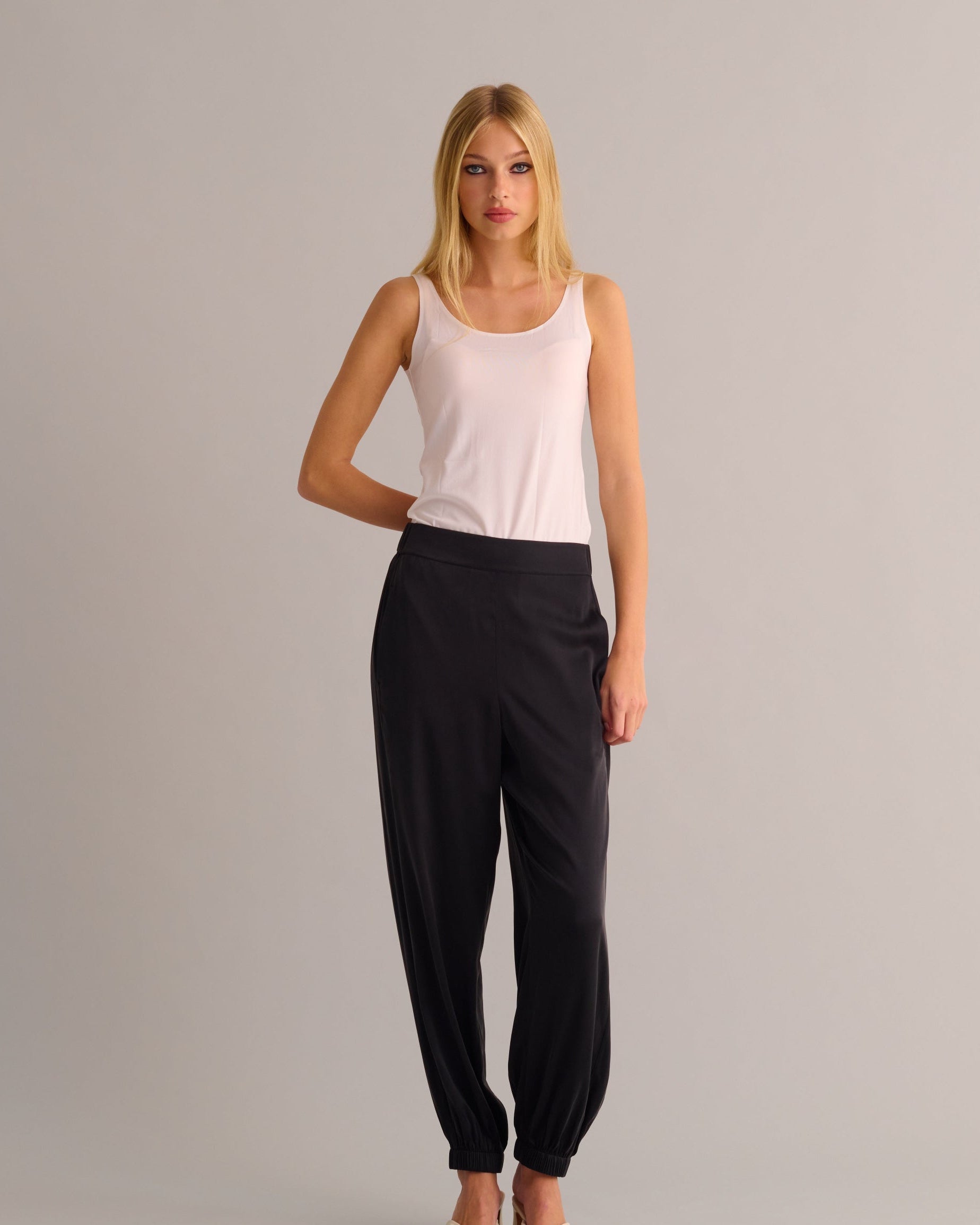 Washable Organic Stretch Silk Cuffed Joggers - Black