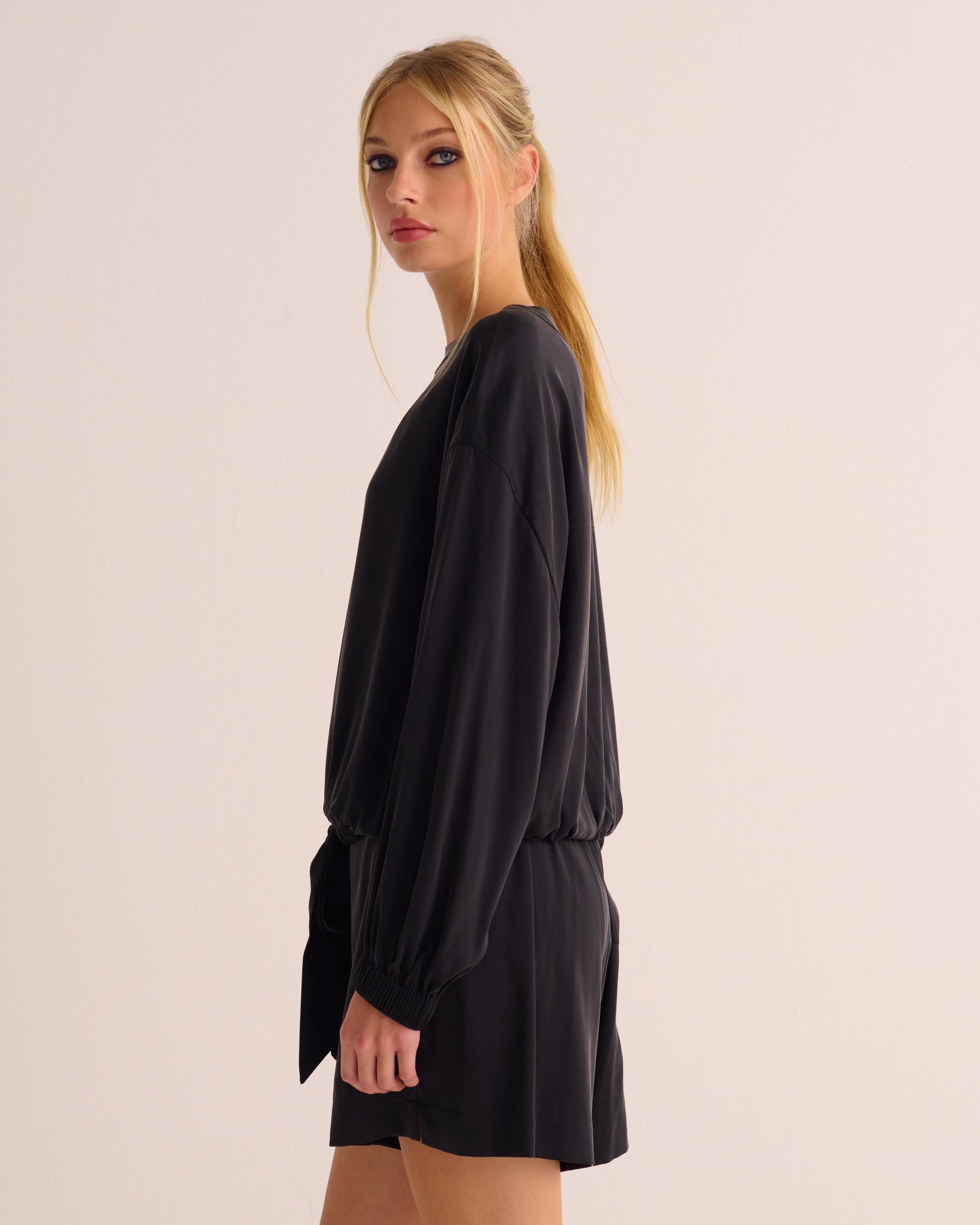 Washable Organic Silk Tie-Waist Sweatshirt - Black