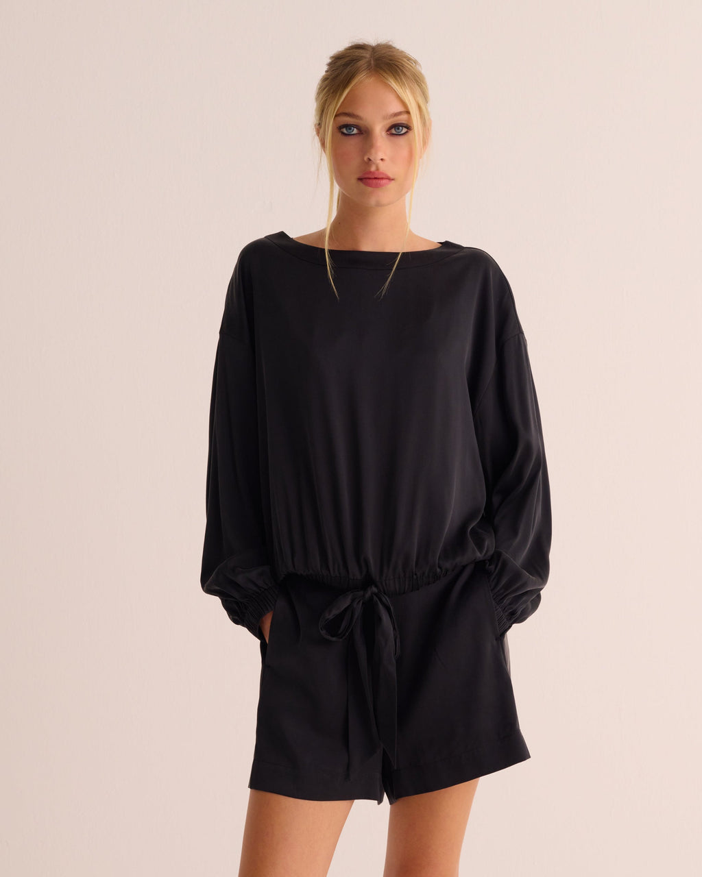 Washable Organic Silk Tie-Waist Sweatshirt - Black