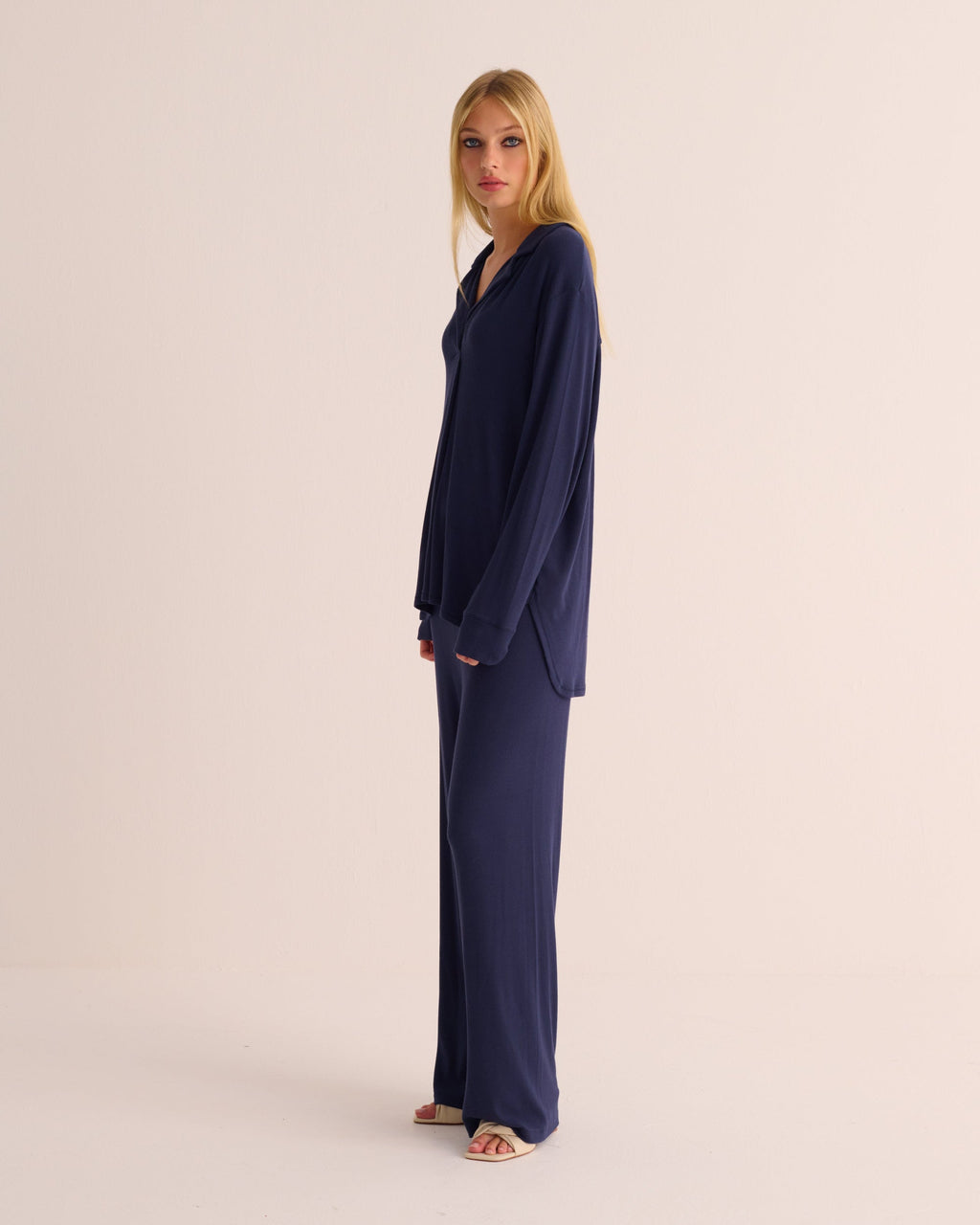 Navy Oversized Retro Ribbed Modal Shirt & Wide Leg Jogger Set
