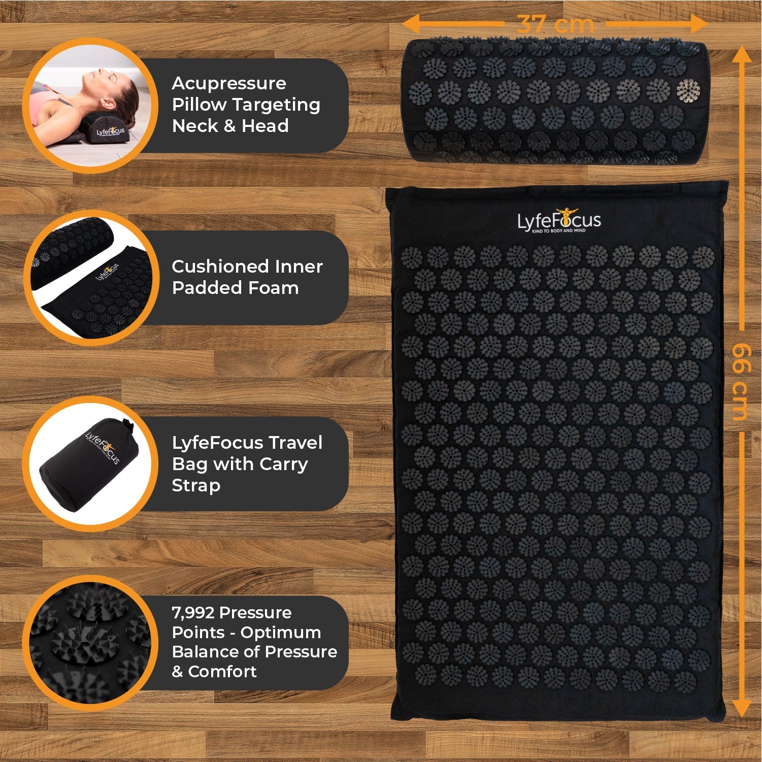 LyfeFocus Acupressure Mat & Pillow Set – Black