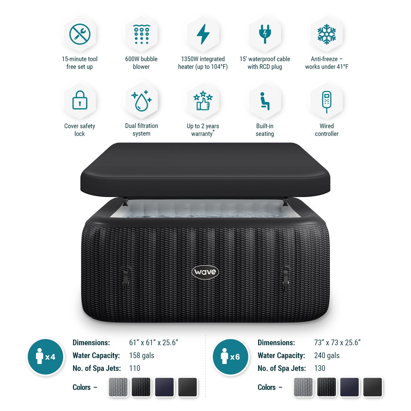 Wave Spa Pacific 4-6 Person Inflatable Hot Tub with Integrated Heater -