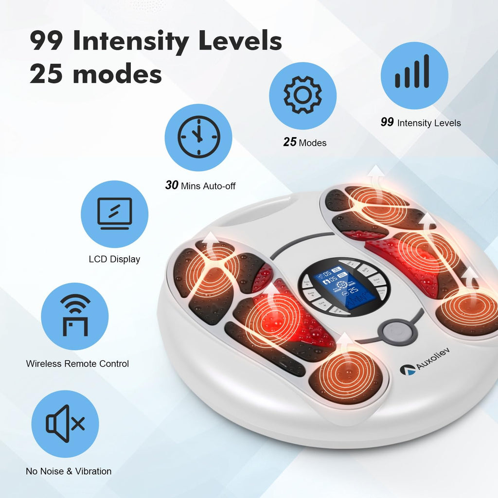 Auxoliev EMS Foot Massager for Neuropathy with 25 Modes, 99 Intensities & 4 TENS Pads