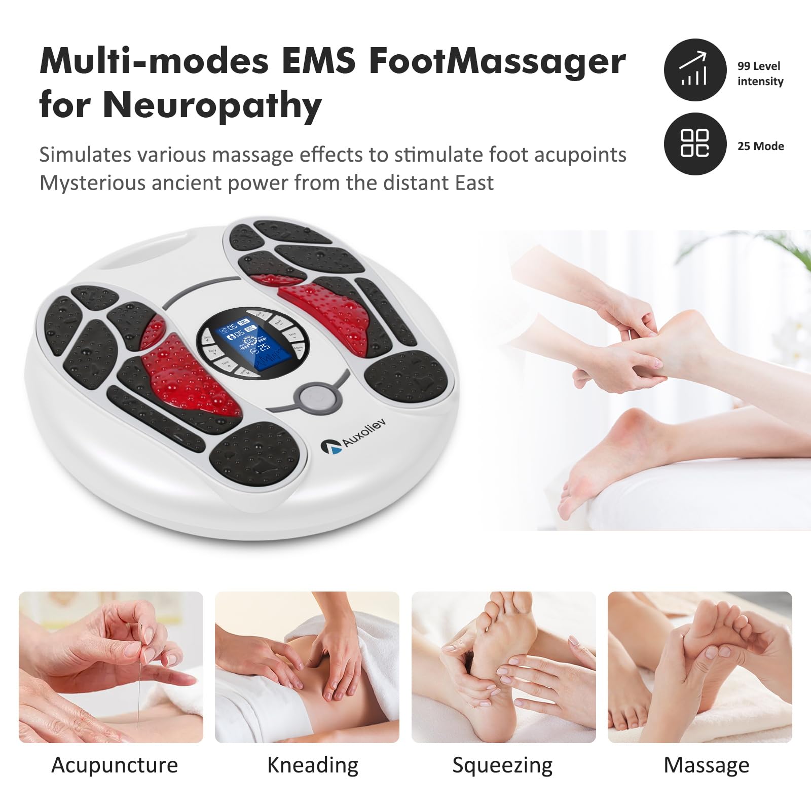 Auxoliev EMS Foot Massager for Neuropathy with 25 Modes, 99 Intensities & 4 TENS Pads