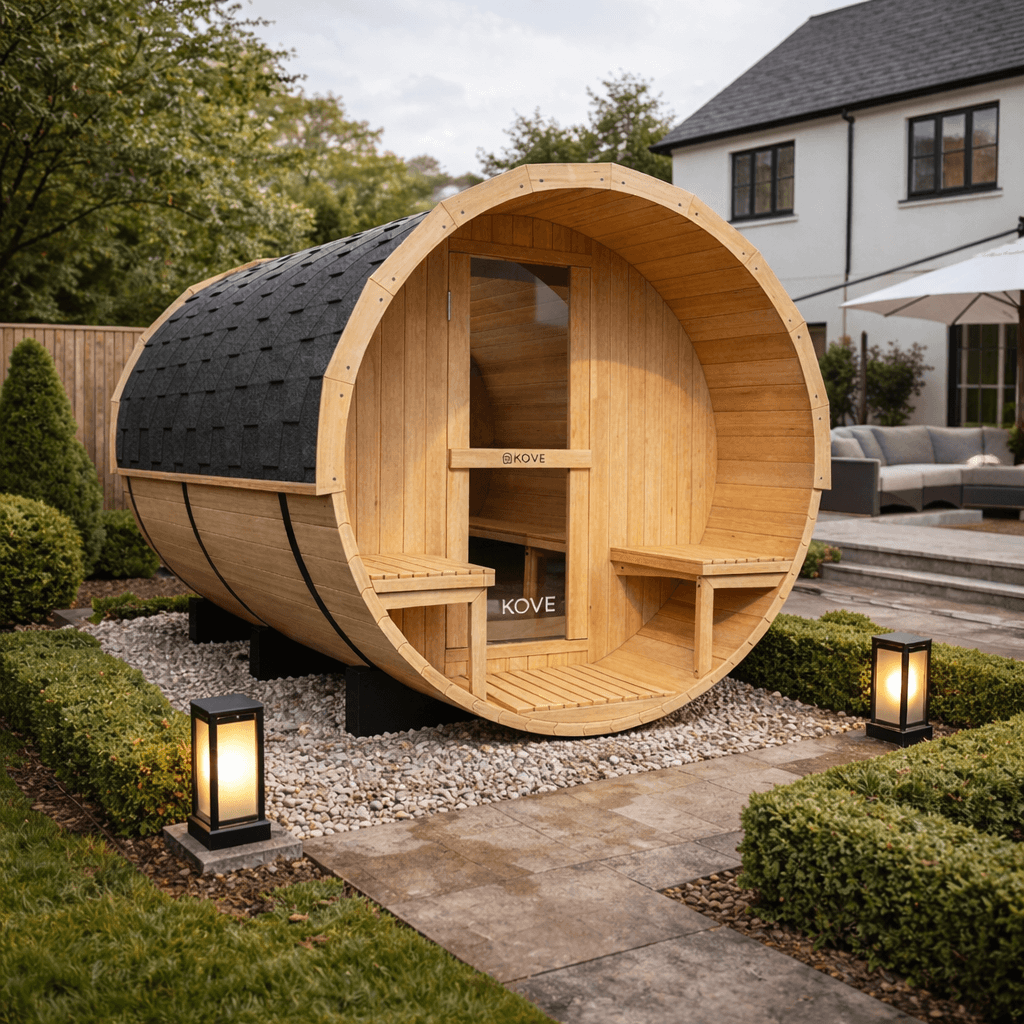 KOVE Outdoor Barrel Sauna – 5–6 Person Luxury Garden Sauna with 6kW Heater