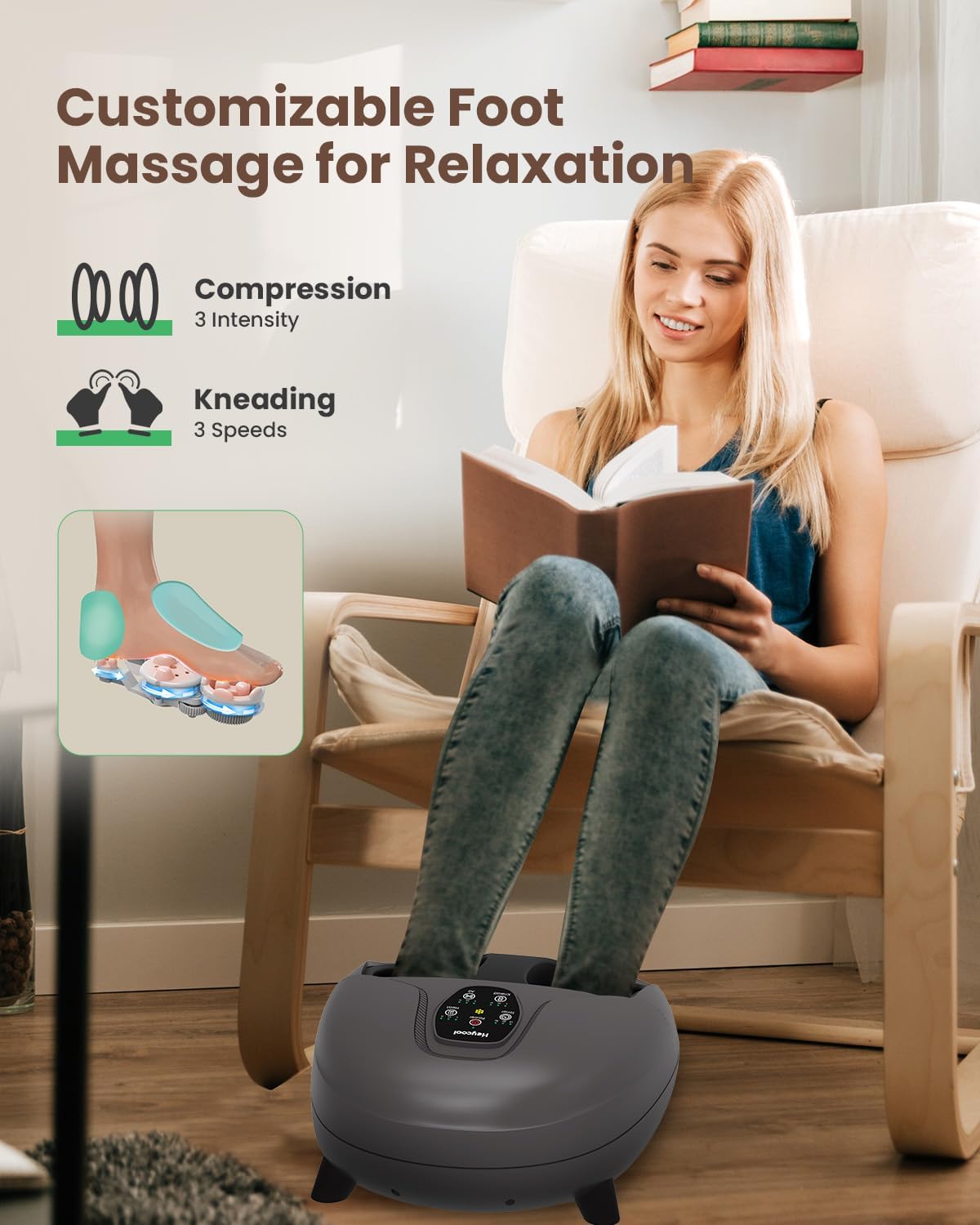 Heycool Shiatsu Foot Massager with Heat, Deep Kneading & Remote – Fits up to Size 14