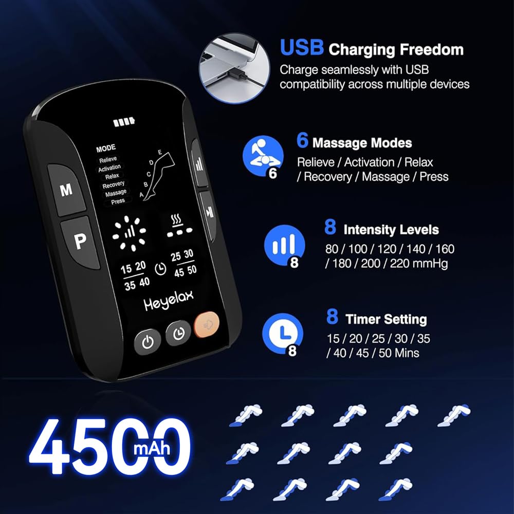 Heyelax Cordless Leg Massager for Circulation & Recovery with Heat – 6 Modes, 8 Intensities