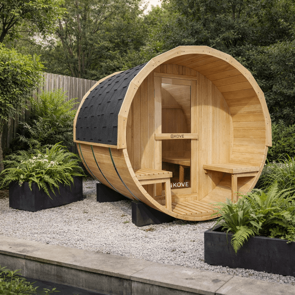 KOVE Outdoor Barrel Sauna – 3–4 Person Luxury Garden Sauna with 6kW Heater