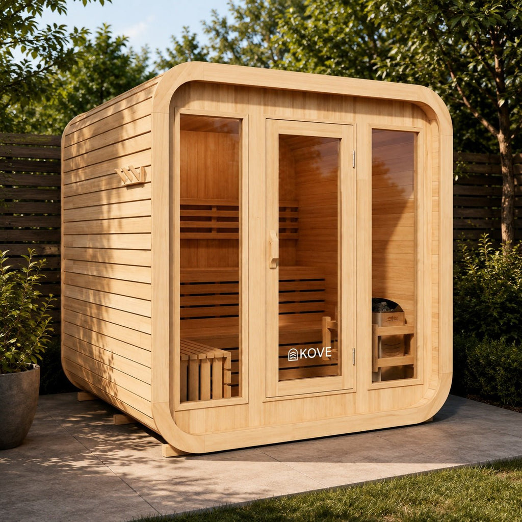 KOVE Cube Sauna 3–4 Person Outdoor Sauna – Premium Spruce Wood, 6kW Harvia Heater, Modern Cube Design