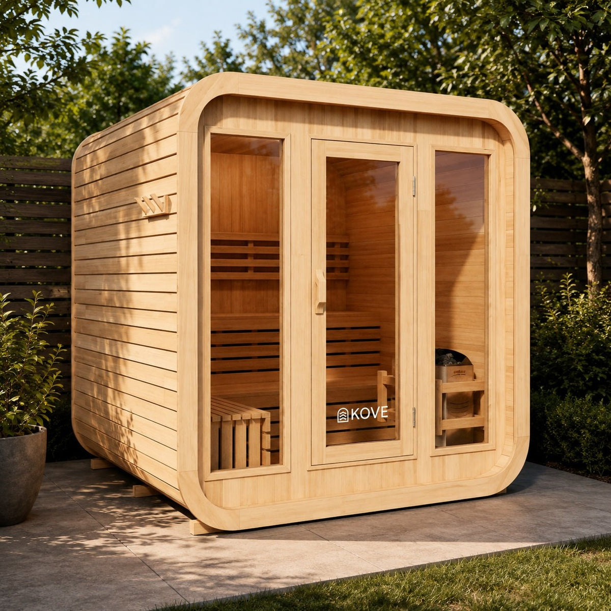 KOVE Cube Sauna 3–4 Person Outdoor Sauna – Premium Spruce Wood, 6kW Harvia Heater, Modern Cube Design