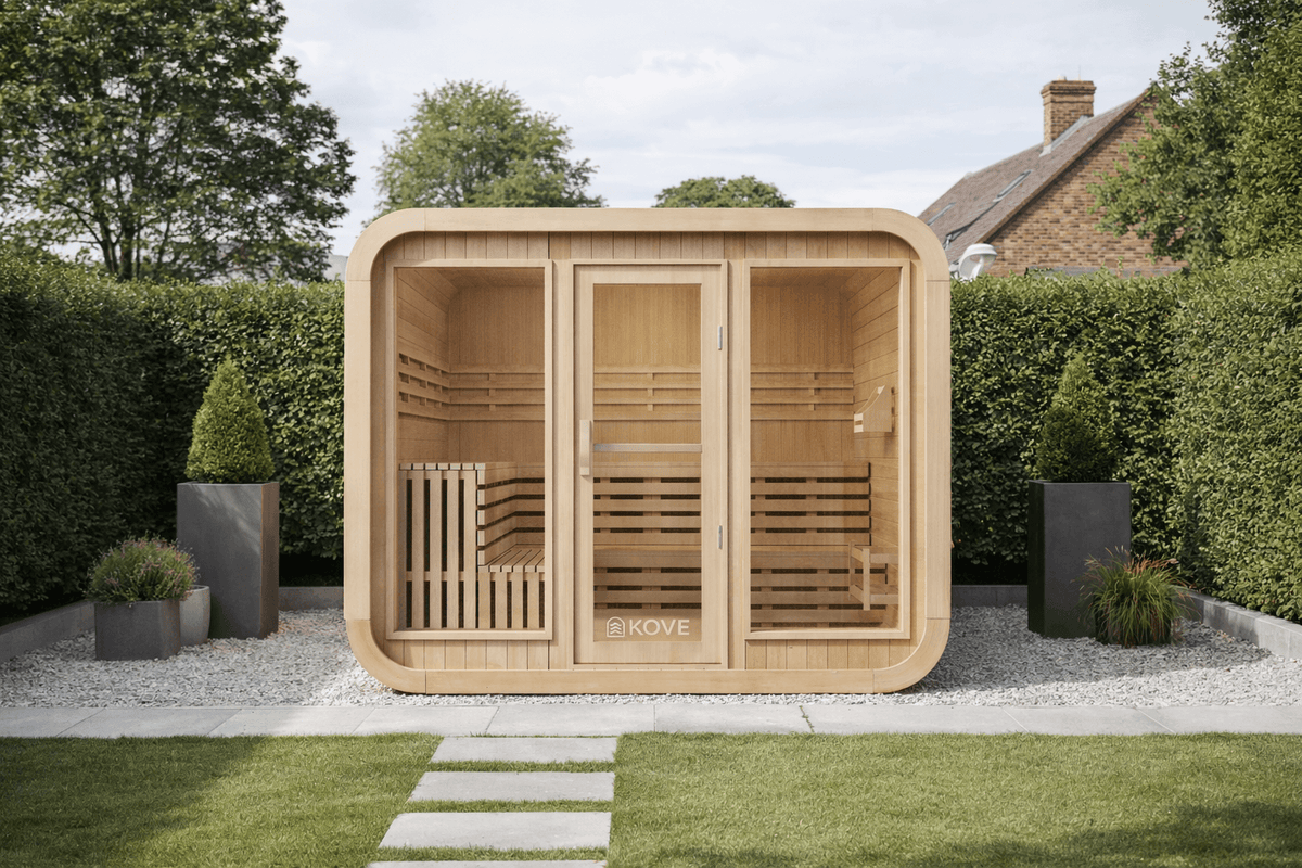 KOVE Cube Sauna 5–6 Person Outdoor Sauna – Premium Spruce Wood, 8kW Harvia Heater, Modern Cube Design