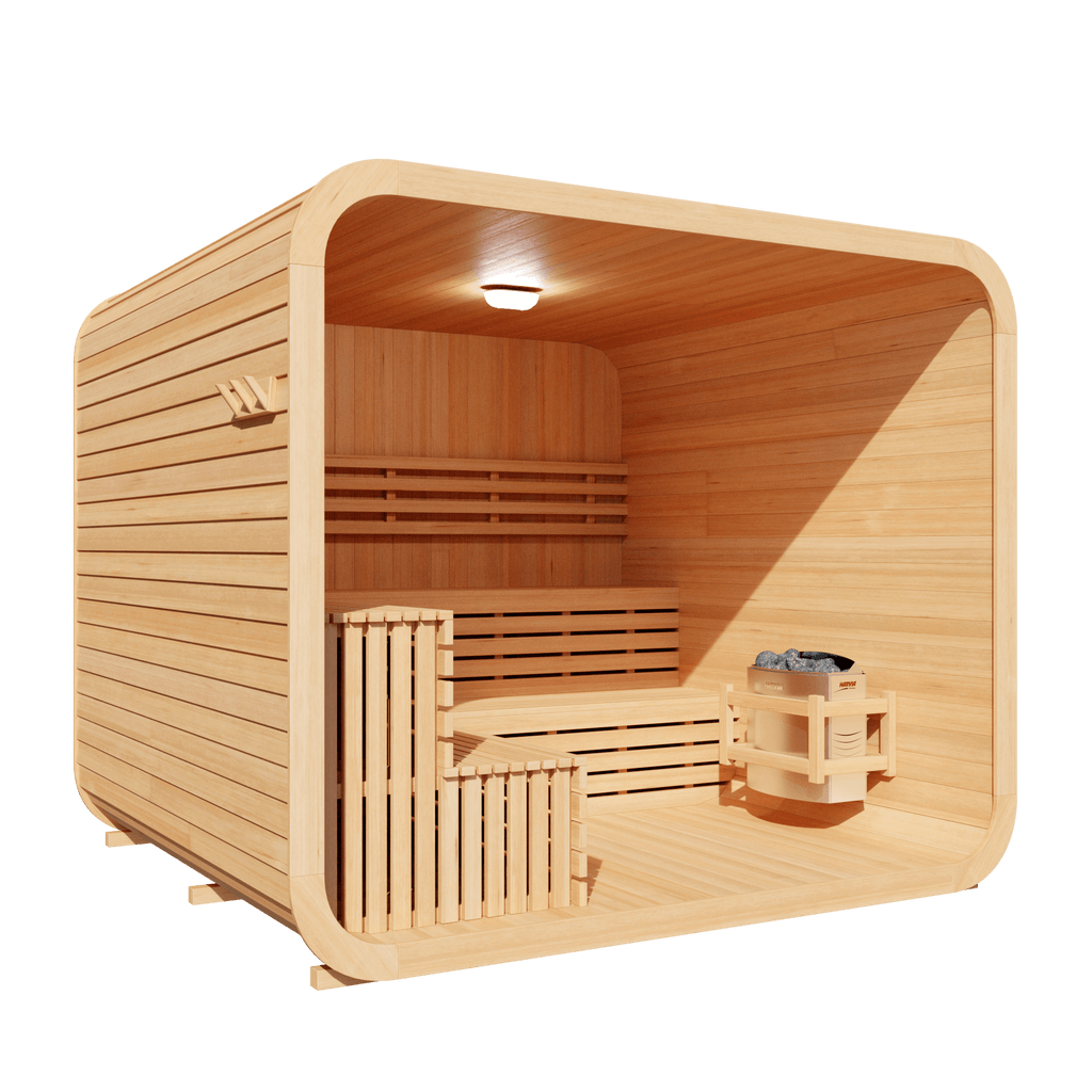 KOVE Cube Sauna 5–6 Person Outdoor Sauna – Premium Spruce Wood, 8kW Harvia Heater, Modern Cube Design