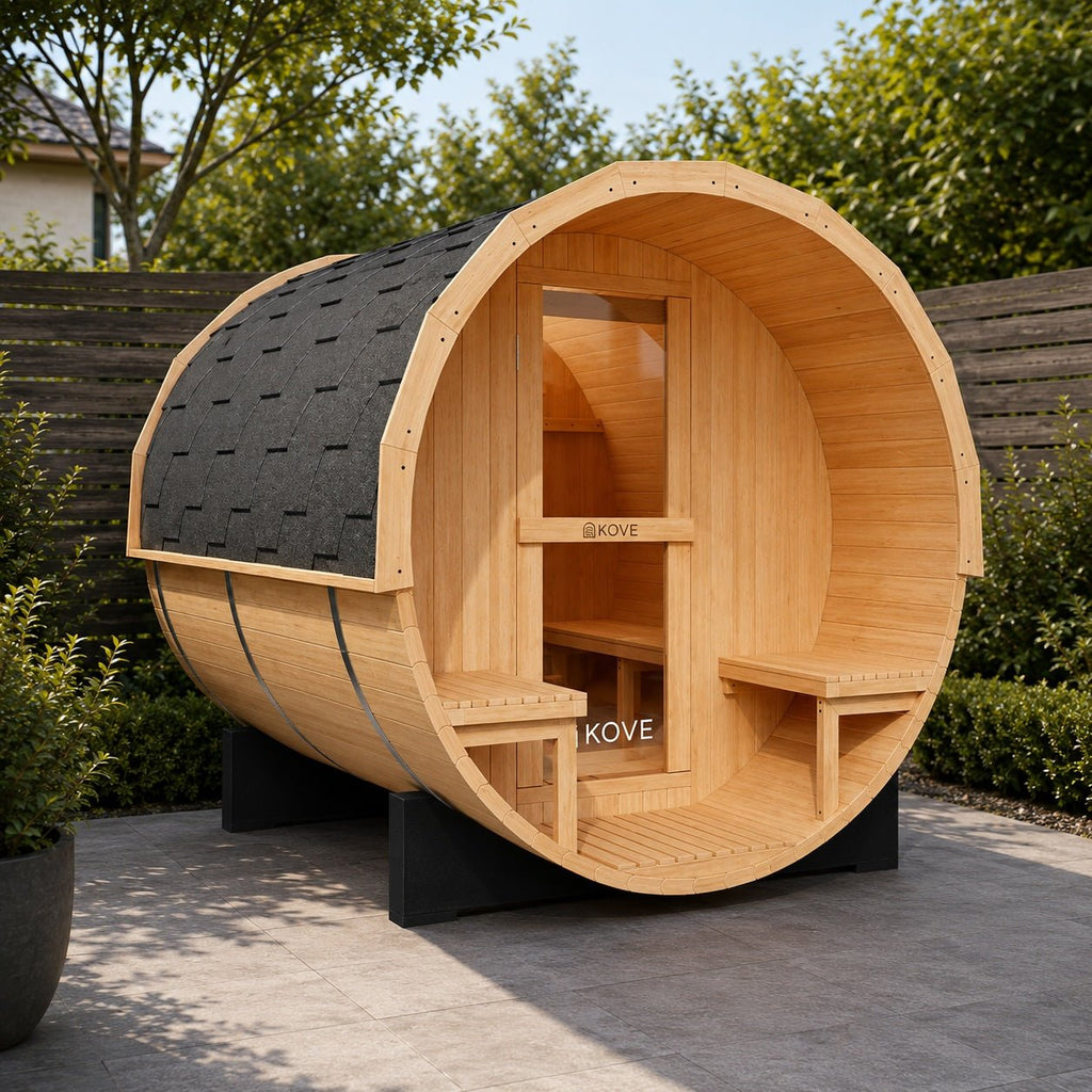 KOVE Outdoor Barrel Sauna | 3–4 Person Garden Sauna with 6kW Harvia Electric Heater