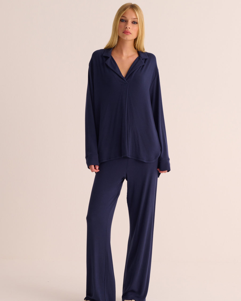 Navy Oversized Retro Ribbed Modal Shirt & Wide Leg Jogger Set