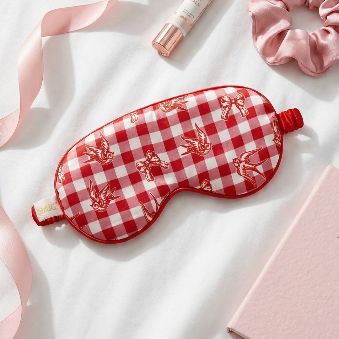 Satin Sleep Mask with Gingham Bows and Birds Print